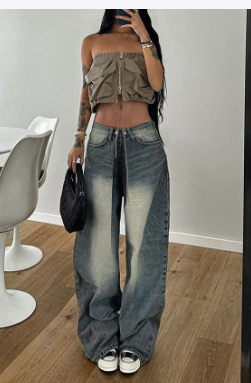 American Retro Washed Pleated Casual Jeans for Street Wear