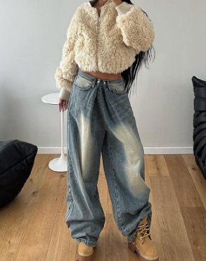 American Retro Washed Pleated Casual Jeans for Street Wear