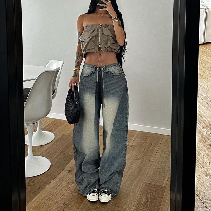 American Retro Washed Pleated Casual Jeans for Street Wear