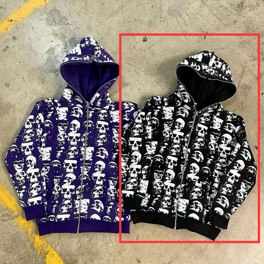 Skull Printed Zipper Street Hoodie